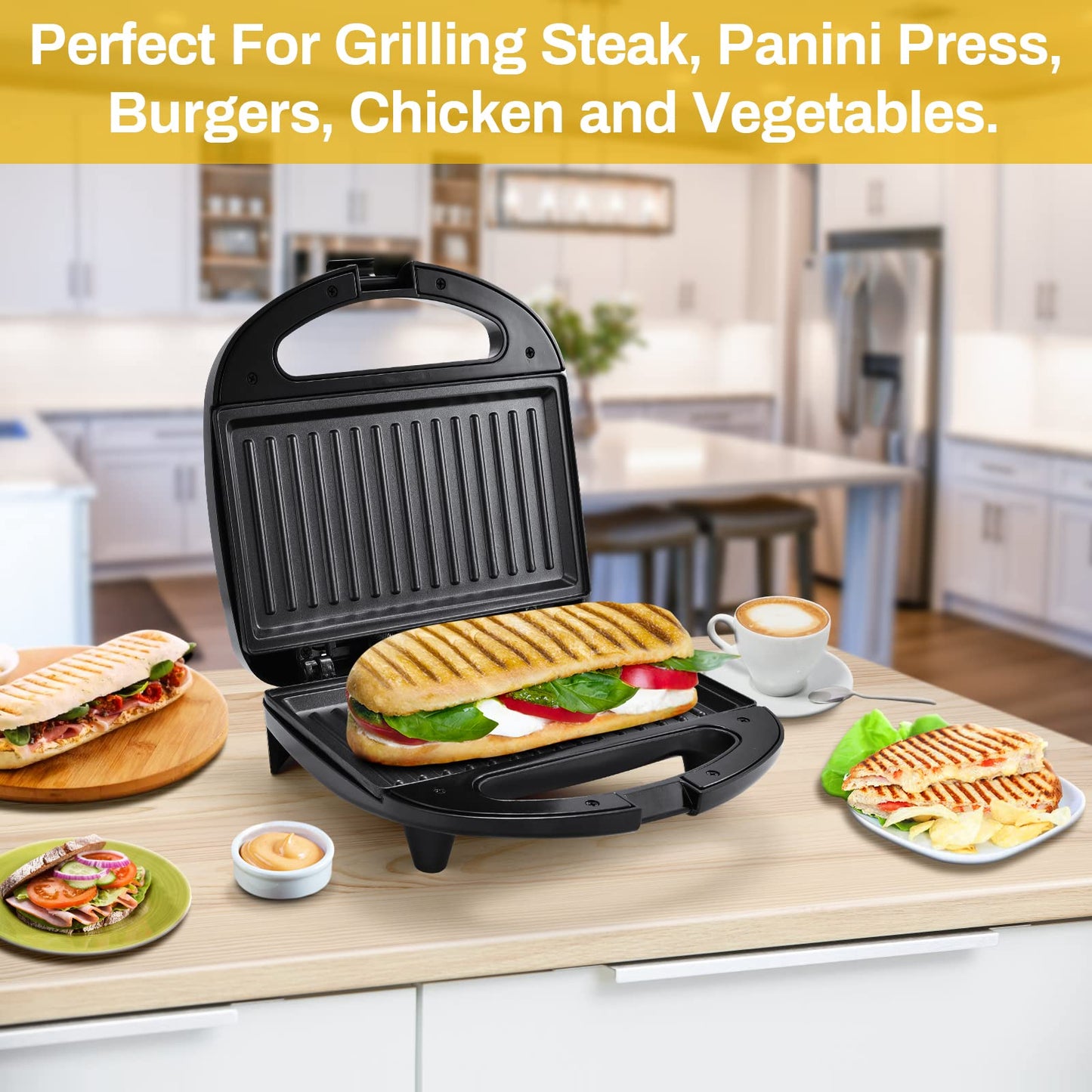 MONXOOK Electric Panini Press, 750W Sandwich Press, Non-Stick Coated Plates 8.46INx4.92IN, Panini Press Sandwich Maker with Indicator Lights, Cool Touch Handle, Black