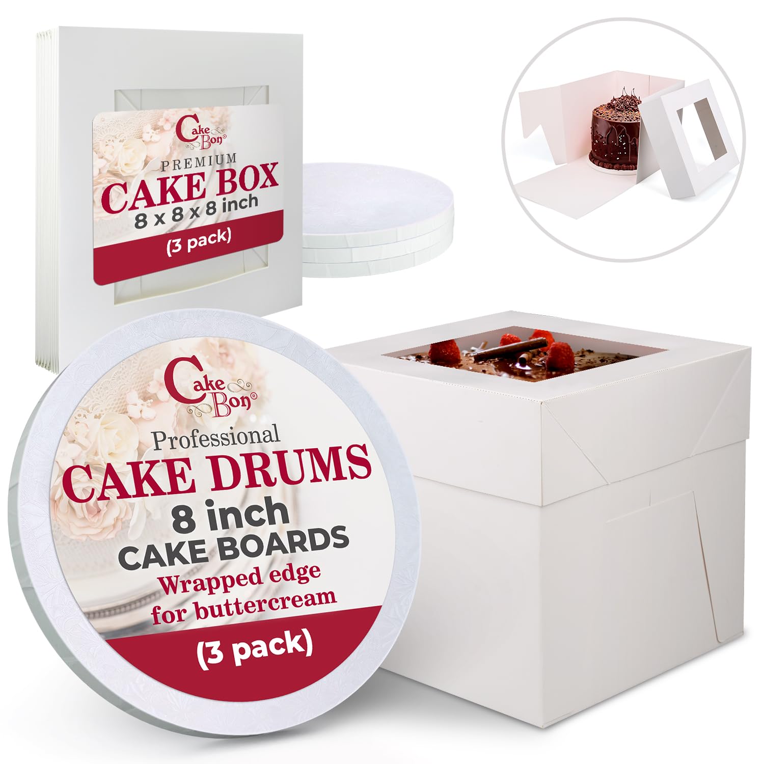 Cakebon Cake Boxes with Boards - 10 Inch Round Cake Drum White (1-pack) - Box With Window for Birthdays, Weddings and Parties