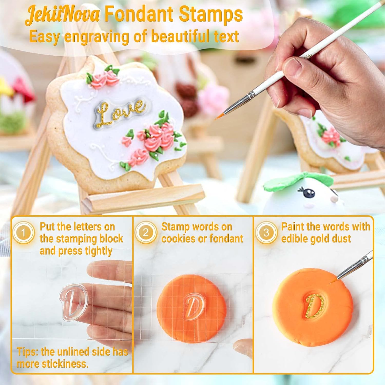 4PCS Alphabet Cake Stamps Tool with Brushes for Fondant Cookie Biscuit, Pretty Handwriting Food Grade Fondant Letter Stamp Uppercase Lowercase Numbers Words Reusable Cookie Stamp for Christmas Party