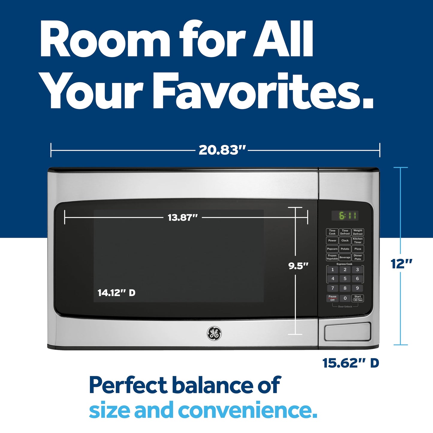 GE Countertop Microwave Oven, Compact 1.1 Cubic Ft., 950-watt Capacity, 6 Auto Cooking Settings, Child-Lock Technology, Kitchen Essentials for the Countertop, Dorm Room or Apartment, Stainless Steel