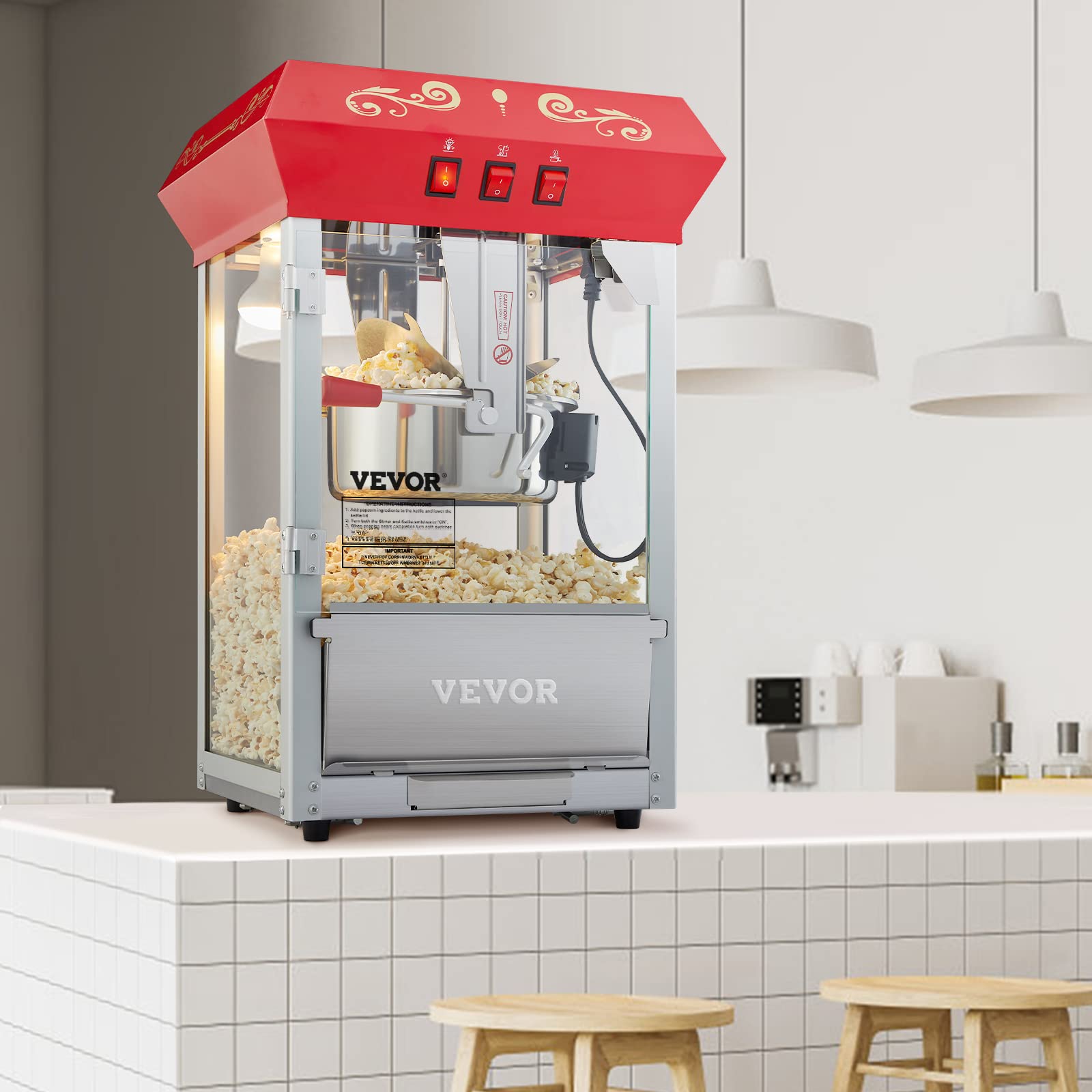 VEVOR Komercyjna maszyna do popcornu, czajnik 8 oz, 850 W, maszyna do popcornu na blat, do 48 filiżanek na partię, styl teatralny, z 3-przełącznikową ramą stalową, drzwiami ze szkła hartowanego, 2 gałki, 2 łyżki, kolor czerwony