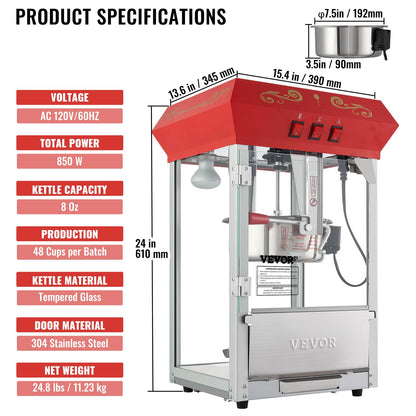 VEVOR Commercial Popcorn Machine, 8 Oz Kettle, 850 W Countertop Popcorn Maker for 48 Cups per Batch, Theater Style Popper with 3-Switch Control Steel Frame Tempered Glass Doors 2 Scoops 2 Spoons, Red