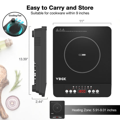 VBGK Portable induction Cooktop,110V Single Burner Induction Stove Top,1800W Induction Hot Plate Electric Burner,7 Power Levels, Kids Lock & Timer,LED touch control,Overheat Protection