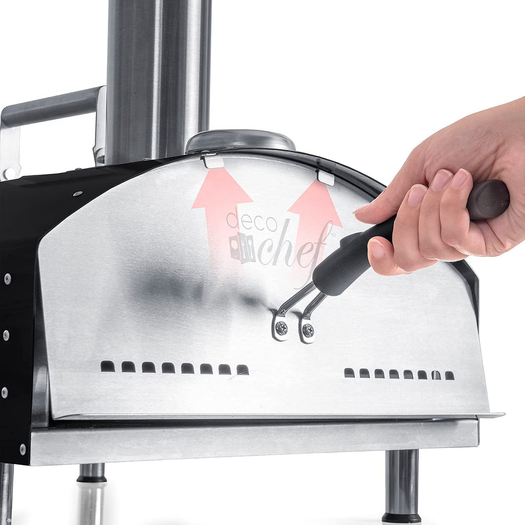 Piec do pizzy Deco Chef Outdoor Pizza Oven z funkcją 2 w 1 do pizzy i grilla, 13-calowy kamień do pizzy, przenośna 3-warstwowa konstrukcja ze stali nierdzewnej, łopatka do pizzy, skrobak do ciasta, łopatka, grill szczelinowy (czarny)