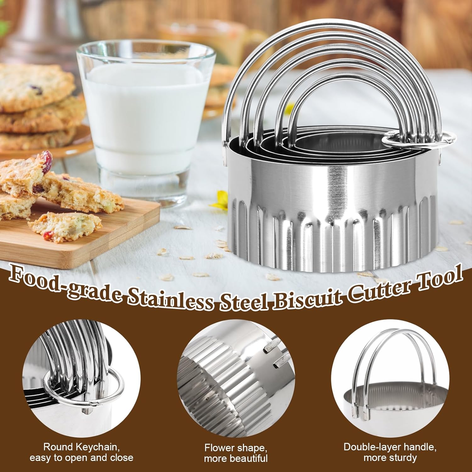 3+5 Cookie Stamps Biscuit Cutter Set, Luxiv 3 Molds Metal Cookie Press Mold Wooden Handle Embossing Stamper, 5 Size Cookie Cutter Tool, Hand-press Biscuit Stamper for DIY Baking Tool