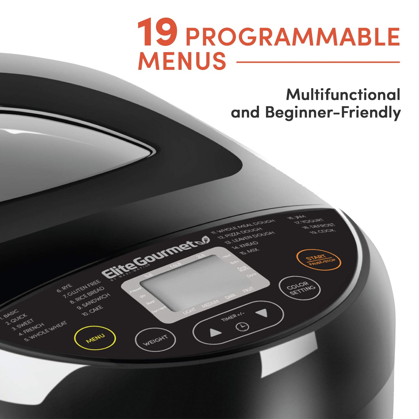 Elite Gourmet EBM8103B Programmable Bread Maker Machine 3 Loaf Sizes, 19 Menu Functions Gluten Free White Wheat Rye French and more, 2 Lbs, Black