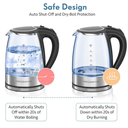 MegaWise Electric Kettle, 1.8L Borosilicate Glass Tea Kettle with LED Light, Auto Shut-Off and Boil-Dry Protection Cordless Kettle Fast Boiling