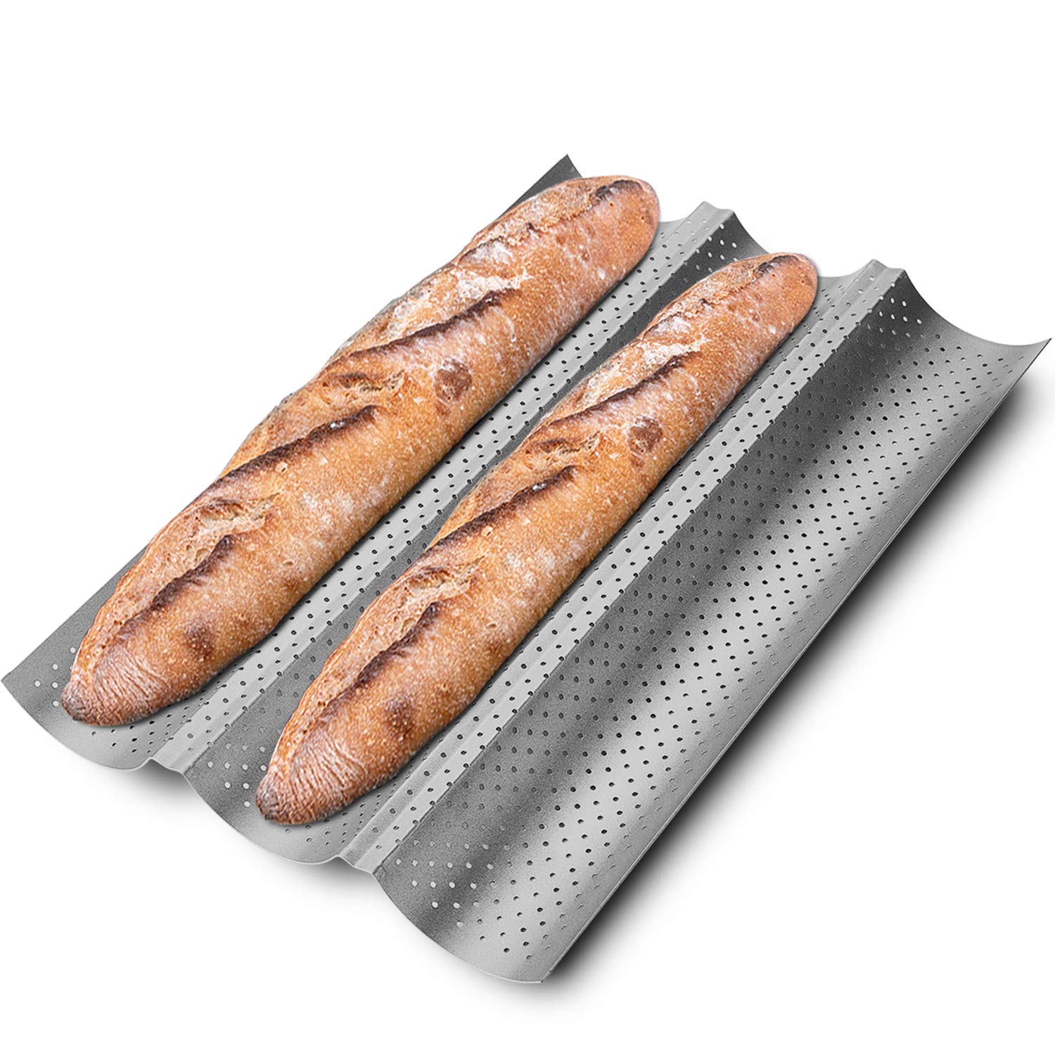 KITESSENSU Nonstick Baguette Pans for French Bread Baking, Perforated 4 Loaves Baguettes Bakery Tray, 15" x 13", Silver