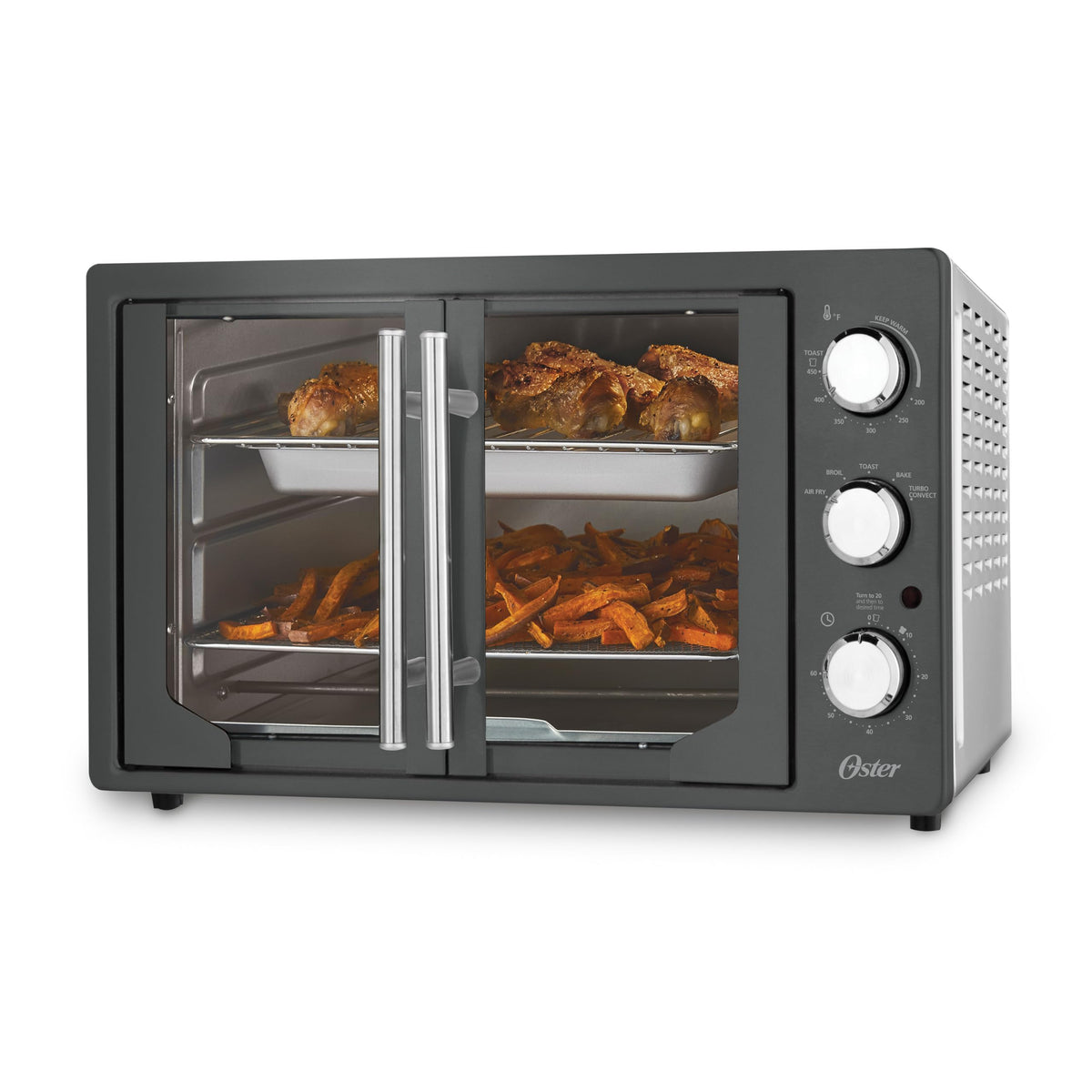 Oster Extra-Large French Door Air Fryer Countertop Oven, stal nierdzewna, 60-minutowy timer, 6 funkcji gotowania, uniwersalne akcesoria, zmniejsza zużycie energii i czas gotowania