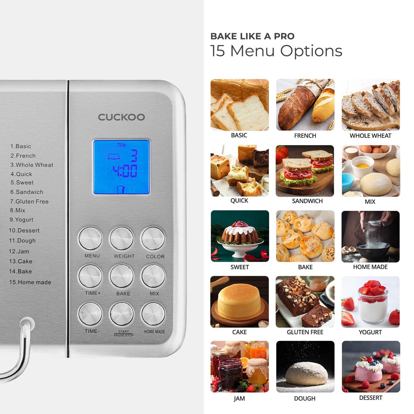 CUCKOO Bread Maker Machine with 15 Menu Options + 3 Crust Colors, 2 lbs Bread Machine with Automatic Fruit & Nut Dispenser, Includes 6 Accessories, Ideal Breadmaker for Sourdough (CBM-AAB101S)