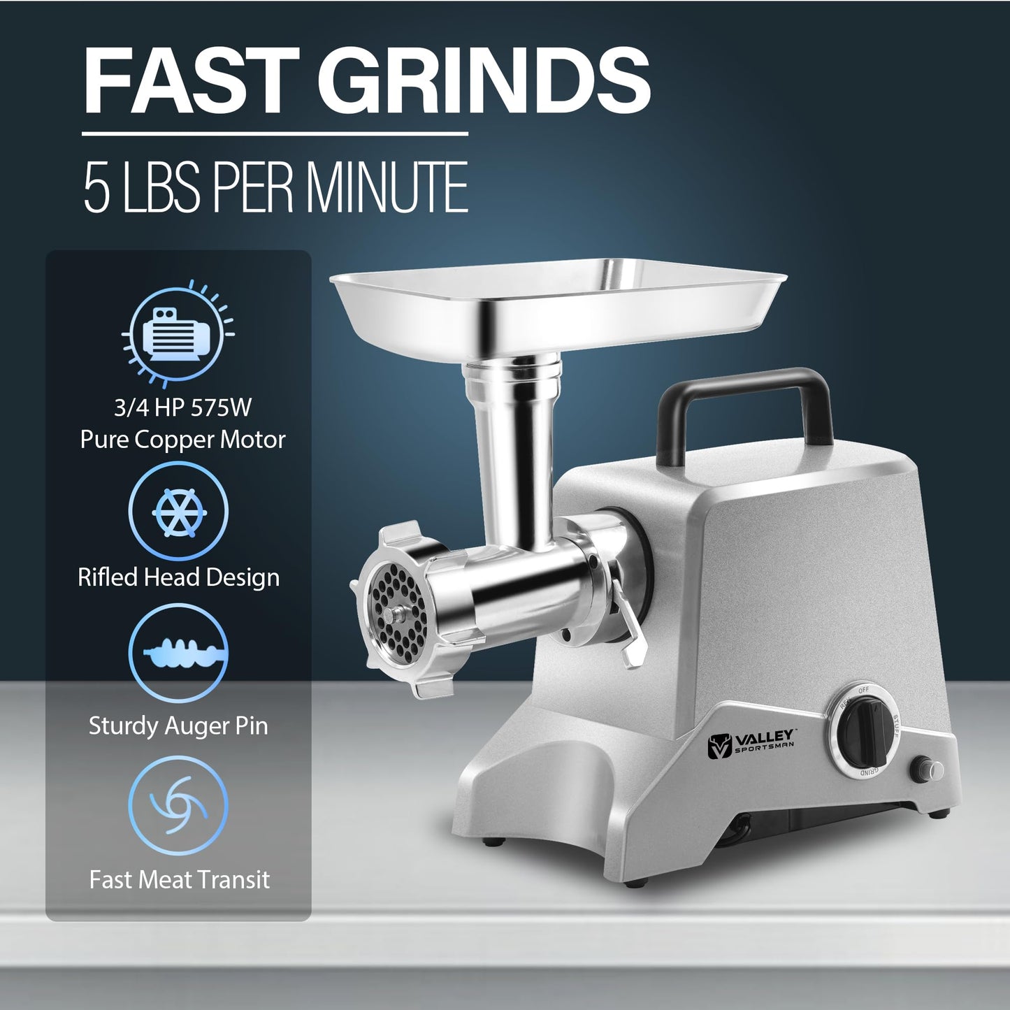 Valley Sportsman #12 Electric Meat Grinder, 575 Watt Aluminum Housing, Heavy Duty Meat Mincer, Sausage Stuffer Maker, Ideal for Regular Use,Black