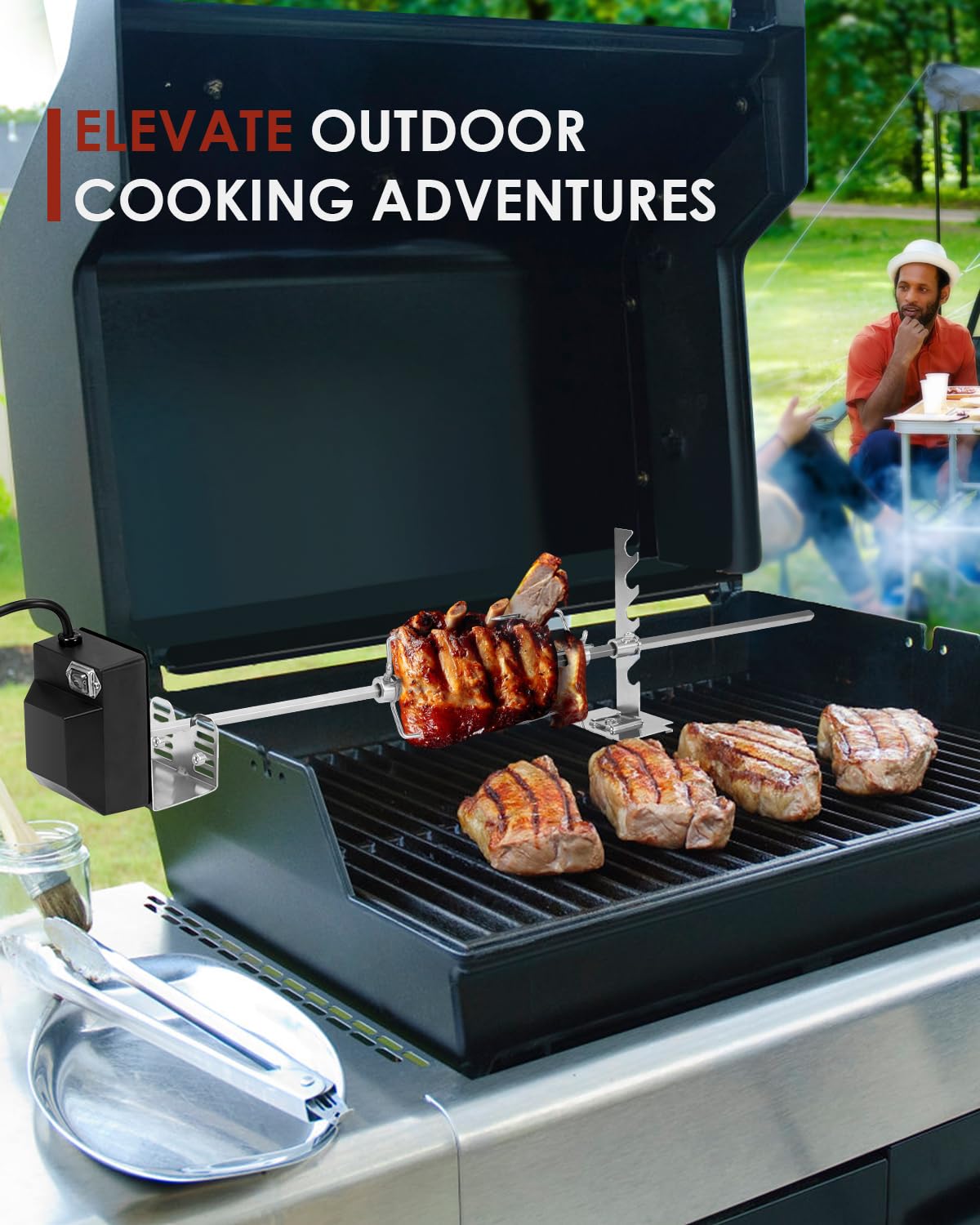 Zestaw do grilla rożenowego, automatyczny obrotowy grill, uniwersalne rożna grillowe z certyfikatem UL z silnikiem 120 V 4 W, prętem do rożna 28”, widelcami 2 x 4, kompletnymi uchwytami i śrubą mocującą do ogrodu i na zewnątrz