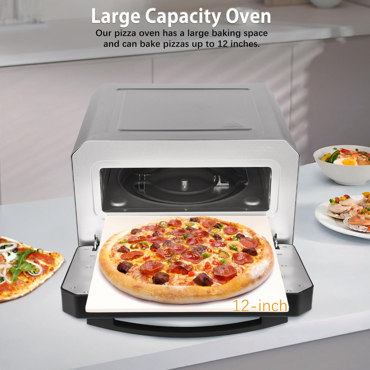 Electric Pizza Oven Indoor, Heats up to 800°F, 12” Pizzas in Minutes, Countertop Pizza Oven with 6 Touchscreen Presets, Pizza Stone and Pizza Peel Included,Stainless Steel Pizza Maker Machine for Home