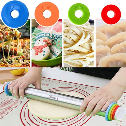 Rolling Pin and Silicone Baking Pastry Mat Set, Stainless Steel Dough Roller, Rolling Pins with Adjustable Thickness Rings, for Baking Fondant, Pizza, Pie, Pastries, Pasta, Cookies