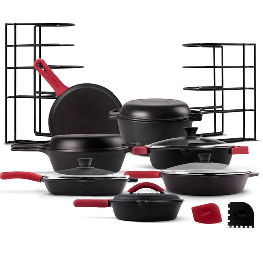 Cuisinel Cast Iron 24-Pc Cookware Set - 8" Skillet + Cast Iron Lid + 12"+Lid + 10" Braiser with Lid + Grill Pan + Lid + Griddle + 5-Qt Dutch Oven + Multi-Cooker + 12"+15" Pan Rack + Scraper + Handles