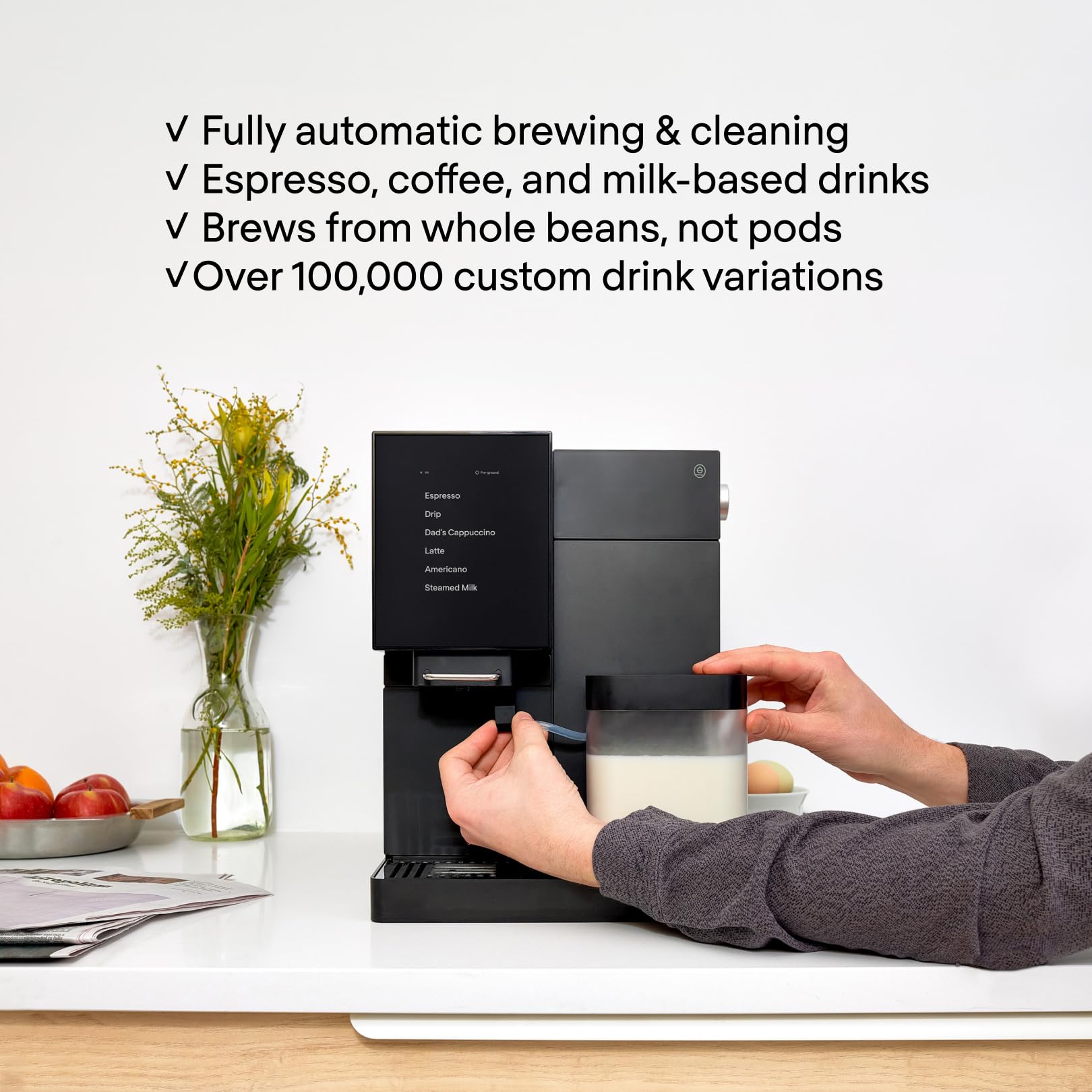 Ekspres do kawy Terra Kaffe Super Automatic Espresso - Ekspres do kawy z obsługą aplikacji - Automatyczne budzenie i uśpienie - Wszystkie rodzaje mleka - Ustawienia espresso zatwierdzone przez palacza - Ekspresy do cappuccino do domu - Czarny TK-02