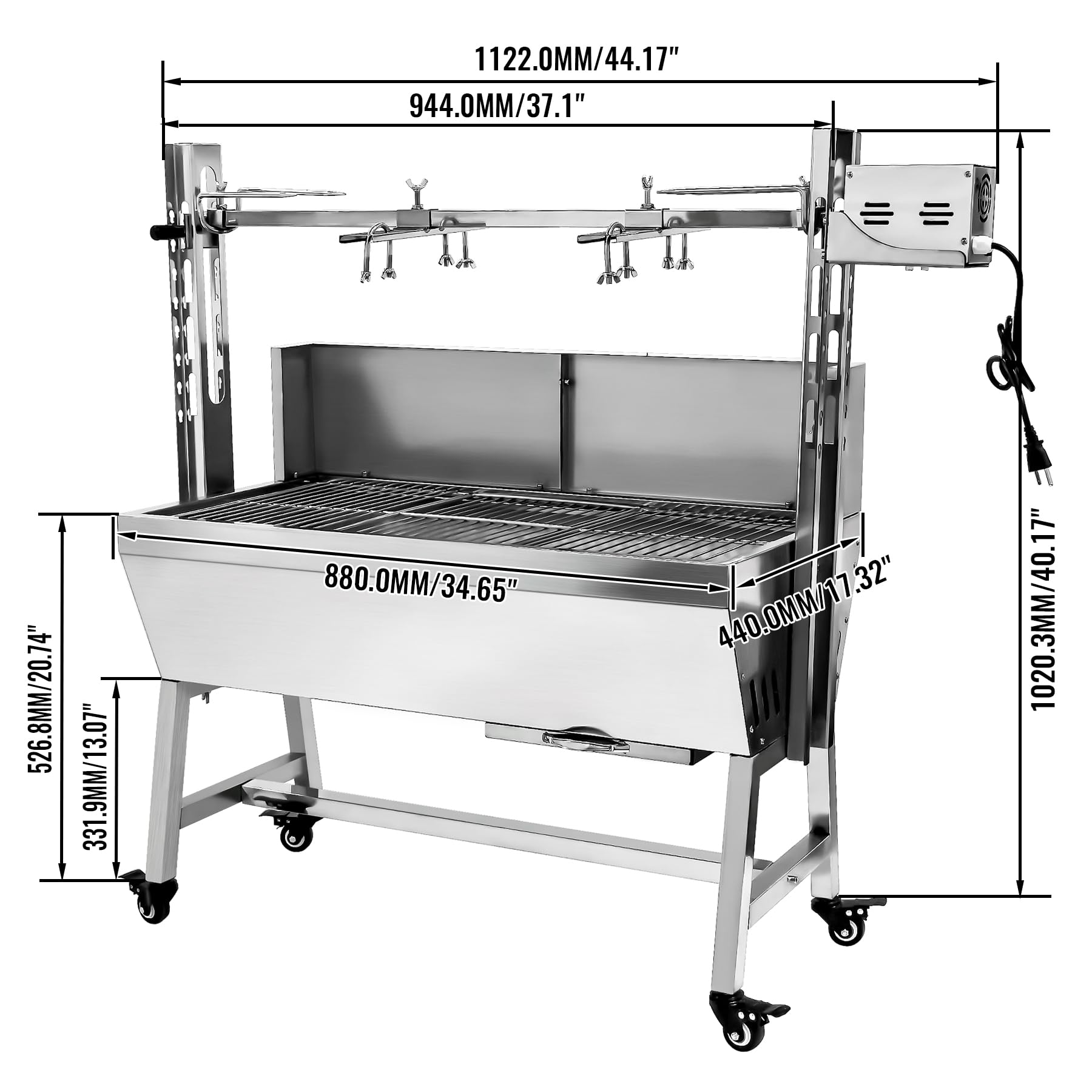 KODOM 132LBS Grill rożenowy ze stali nierdzewnej z osłoną tylną, silnik 25 W, mała świnia, jagnięcina, 37-calowy grill węglowy do pieczenia na rożnie do kempingu i kuchni na świeżym powietrzu