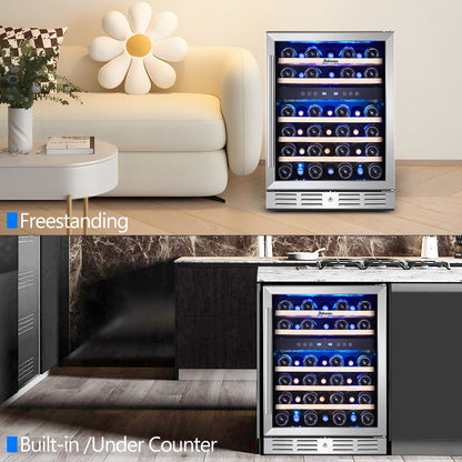 Kalamera 24 inch Wine Cooler, 46 Bottle - Dual Zone Built-in or Freestanding Fridge with Stainless Steel Reversible Glass Door, for Home, Kitchen, or Office.