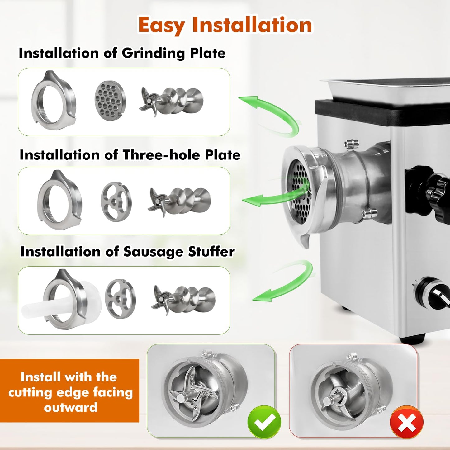 Anatole Commercial Electric Meat Grinder 1.5 HP 1100 W All Stainless Steel Meat Bones Mincer Heavy Duty Sausage Stuffer with 4 Grinding Plate 2 Blades for Restaurant Hotel 110V