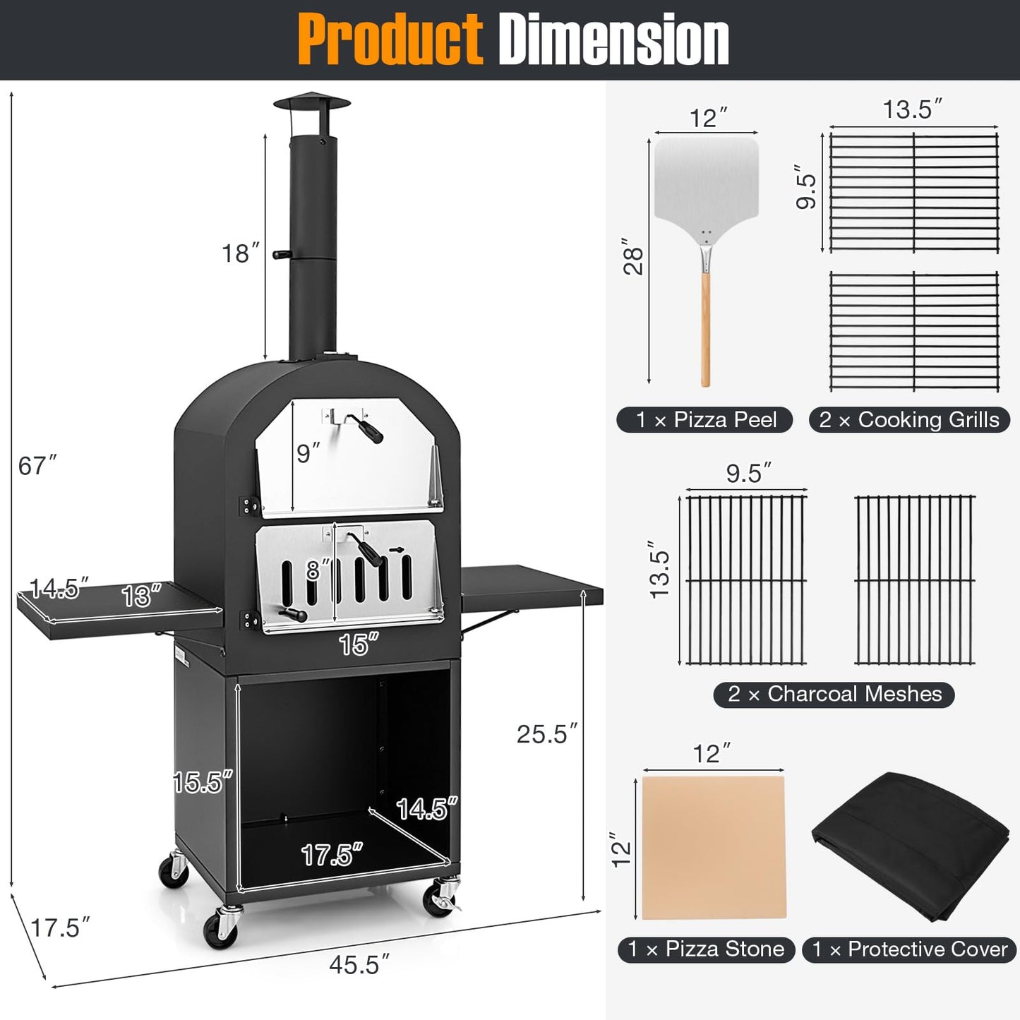 Giantex Pizza Oven Outdoor - Wood Fired Pizza Oven with 2 Side Tables, Pizza Stone, Pizza Peel, Cover, Cooking Grids, Pizza Maker on Wheels for Outside Charcoal Grill Backyard Party Camping