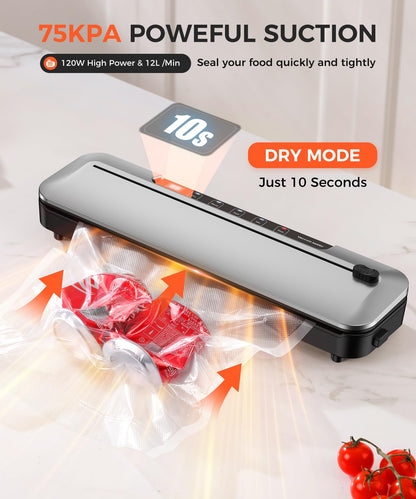 Vacuum Sealer Machine,75Kpa Precision Suction Power 6-in-1 Food Sealer with Digital Timer, Dry & Moist Food Modes, Compact Design with 10 Vacuum Bags & Bulit-in Cutter(Sliver)