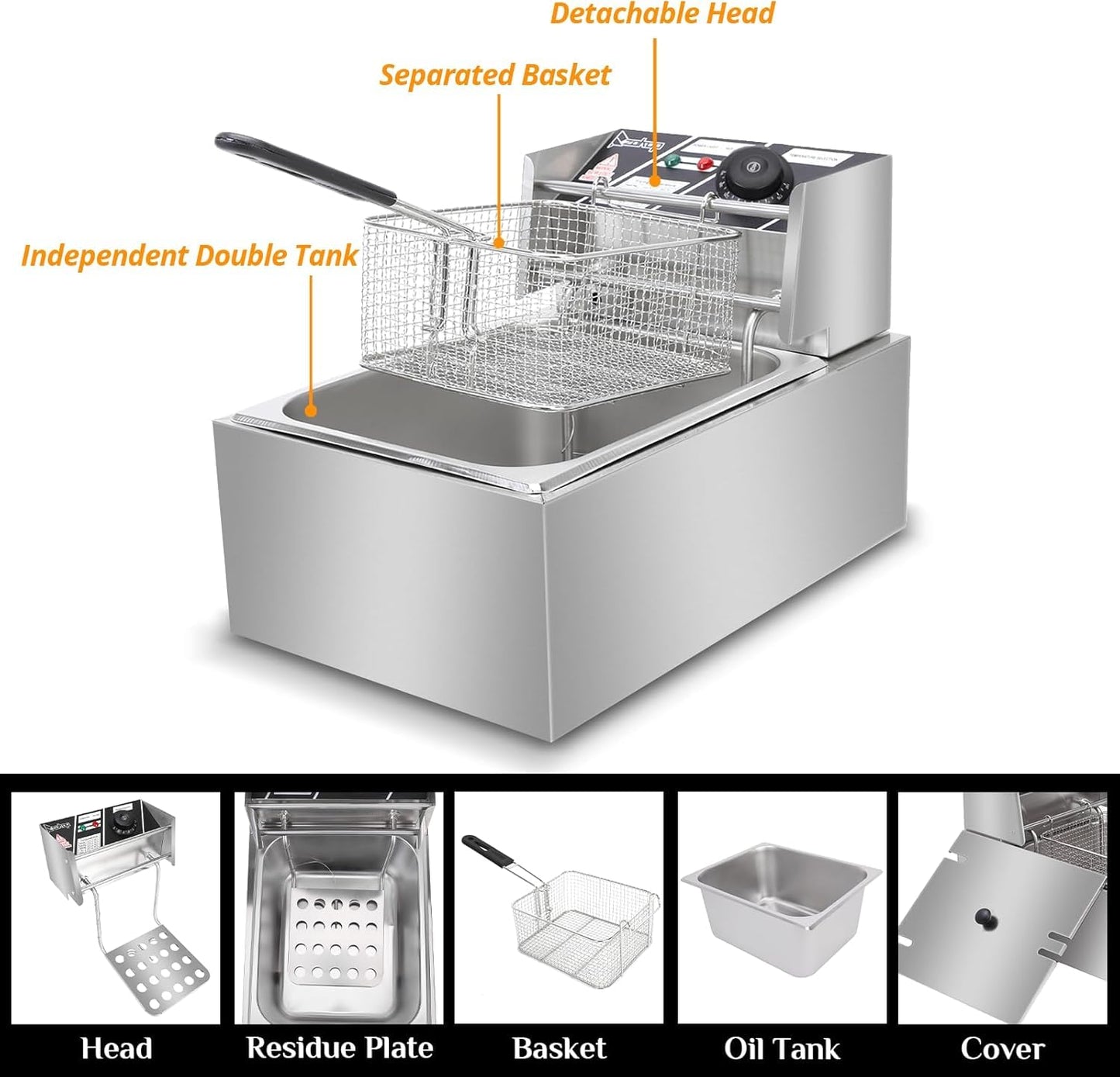 10QT Electrnic Deep Fryer with basket, 2500 Watt, Adjustable Temperature, Removable Frying Basket and Easy to CleanStainless Steel Body,Household and commercial, French fries, chicken