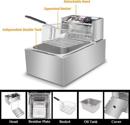 10QT Electrnic Deep Fryer with basket, 2500 Watt, Adjustable Temperature, Removable Frying Basket and Easy to CleanStainless Steel Body,Household and commercial, French fries, chicken