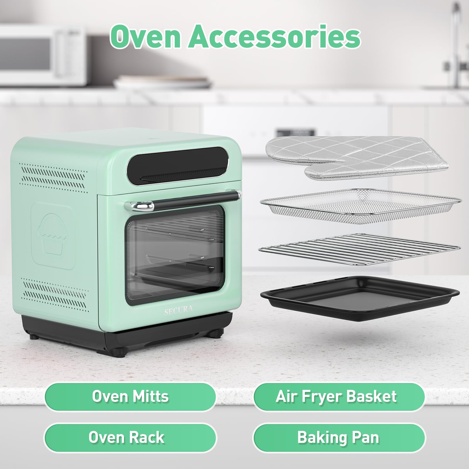 Piekarnik parowy Secura Multifunction Air Fryer, 13 Quart Compact Oven z funkcją pieczenia konwekcyjnego, Airfryer, Rapid Steam, Ferment, Dehydrator Combo, odżywczy i pyszny parowar do gotowania (Mięta zielona)