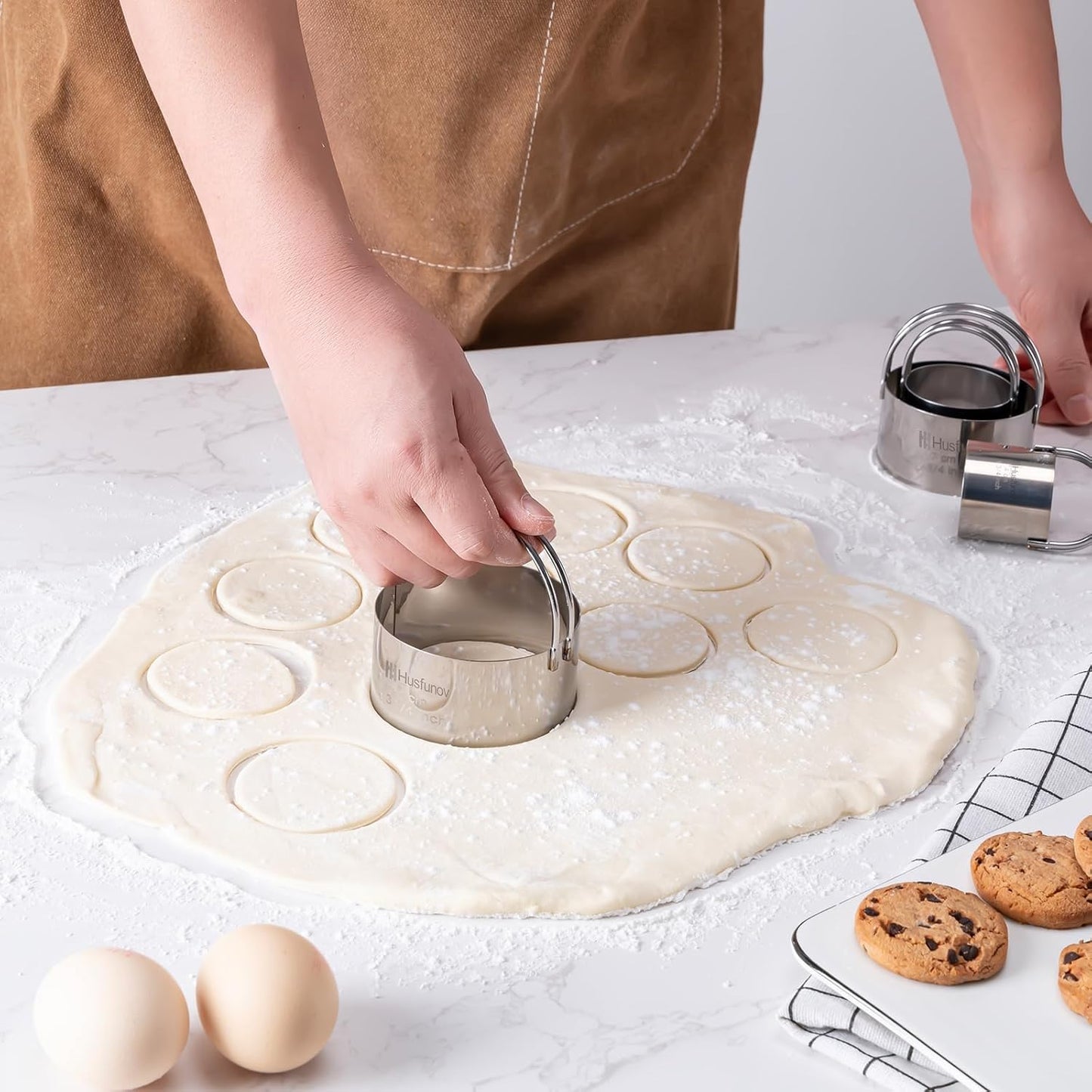 Biscuit Cutter Set Round Cookie Cutters with Handle 5 Pieces Stainless Steel Circle Professional Baking Dough Tools for Cake