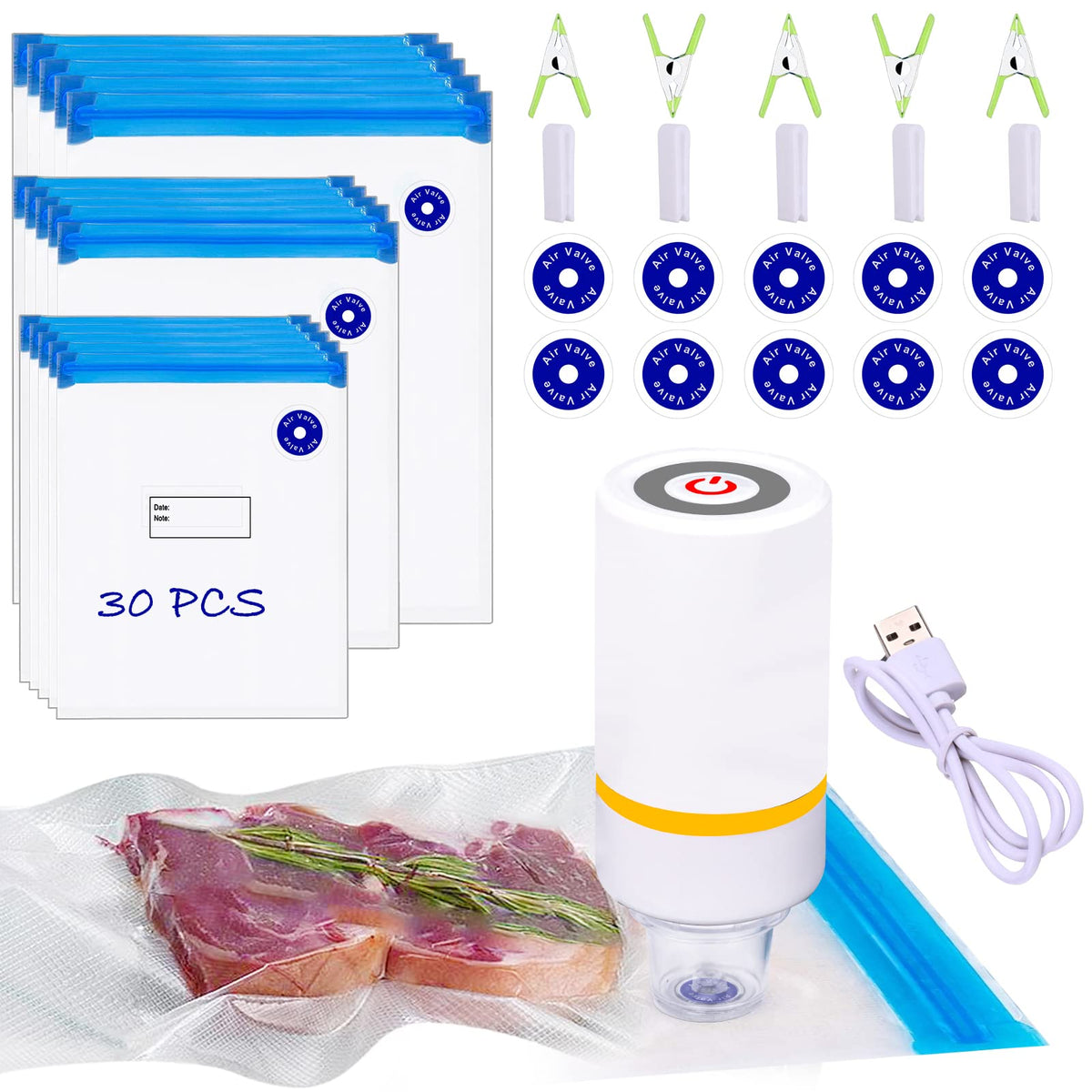 Zestaw 42 szt. do pakowania próżniowego Sous Vide - 30 toreb wielokrotnego użytku, 5 klipsów i klipsów uszczelniających do Anova, Joule Cookers