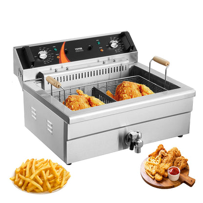 VEVOR Commercial Deep Fryer, 3000W Electric Turkey Fryer with Basket, Large Capacity 30.6Qt / 29L Countertop Single Oil Fryer, Stainless Steel, Temp Control, for Kitchen Restaurant Use, Silver