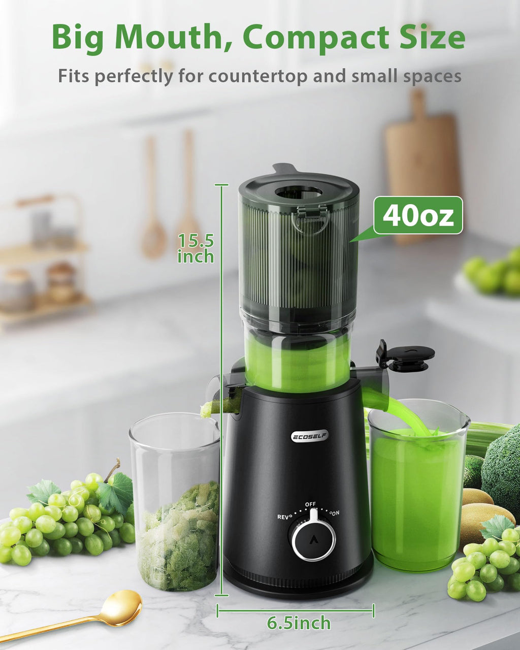 Juicer Machines, ECOSELF Cold Press Juicer with 4.35" Large Feed Chute Fit Whole Fruits and Vegetables, Juice Extractor Self Feeding Effortless for Batch Juicing, Easy to Clean, High Juice Yield