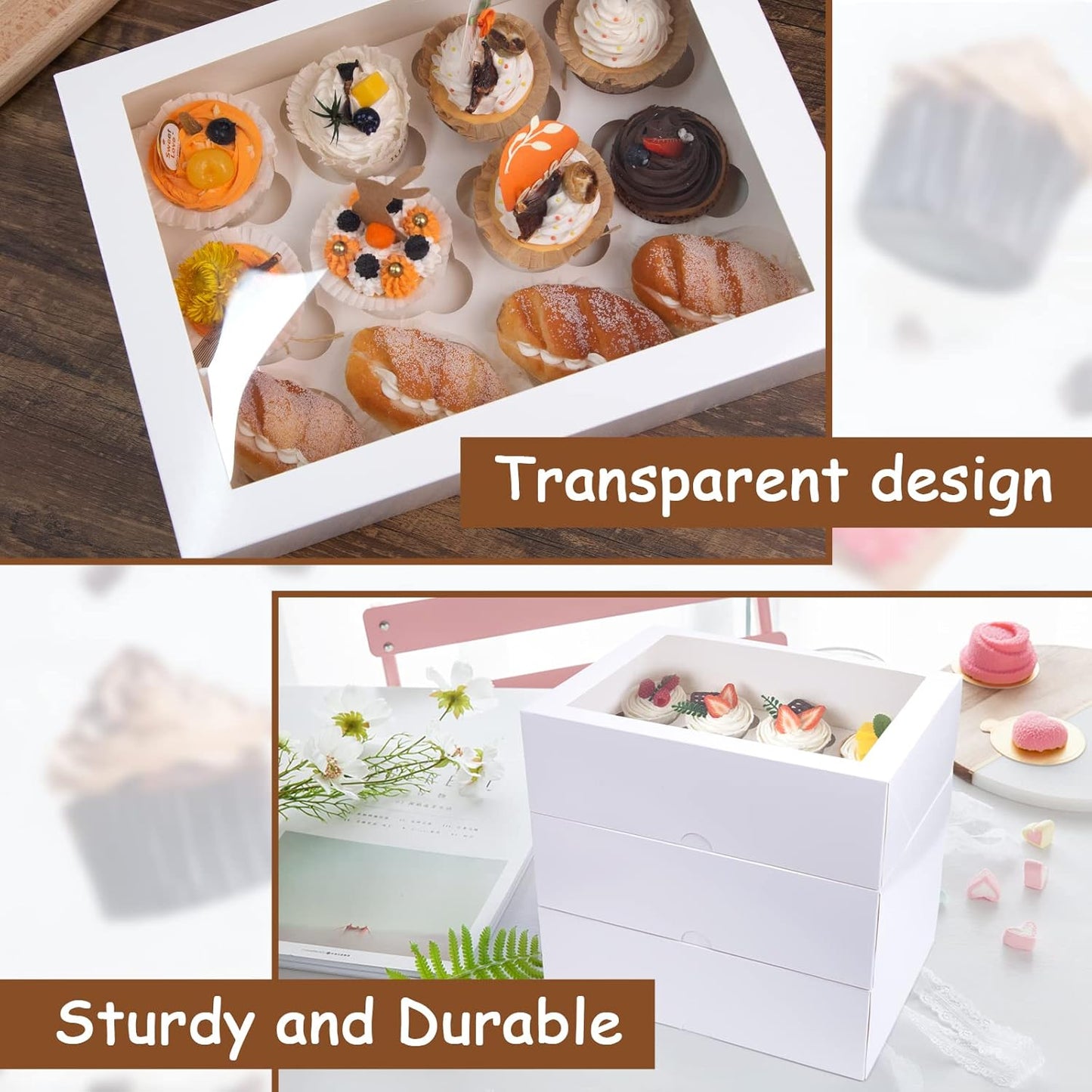 VGOODALL 12 Count Cupcake Boxes, 6PCS Cupcake Container with Window Boxes Holding 72 Pastry Box for Birthday Holiday Party Bakery Supplies 13.2"x9.8"x4"