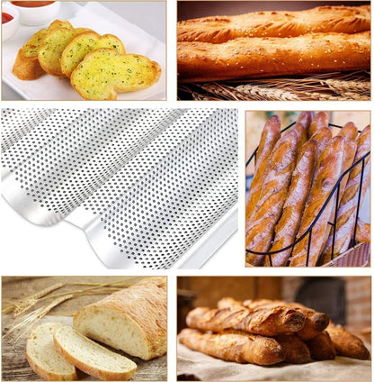 Stainless Steel French Baguette Bread Pan, Perforated Loaf Pans for Baking 15"x10", 3 Waves Toaster Oven Baking Tray (1 Pack)