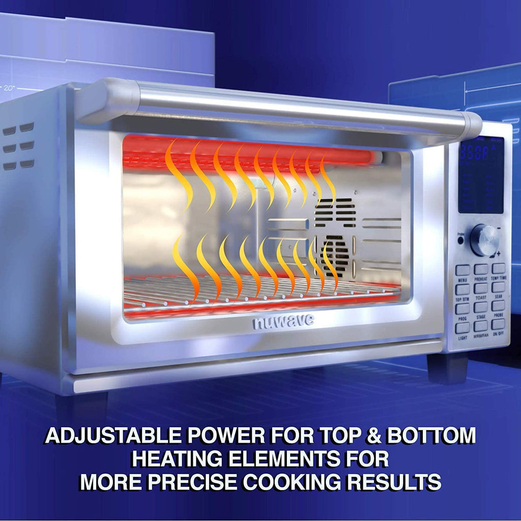 Nuwave Bravo Air Fryer Toaster Smart Oven, 12 w 1, konwekcja blatowa, pojemność 30 qt XL, sterowanie temperaturą 50°–500°F, regulacja grzałki górnej i dolnej 0%–100%, wygląd szczotkowanej stali nierdzewnej (odnowiony)