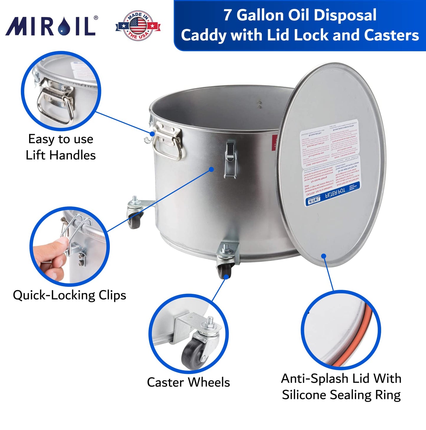 MirOil Oil Filter Pot Combo Set, Grease Bucket Oil Storage Pot, Safety Lid, Holds up to 55lbs Oil, Low Profile with Castor Mobility Base, Includes a B6PS Reusable Filter Bag