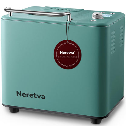 Neretva 20-IN-1 Bread Maker, Dual Heater 2LB Bread Machine Nonstick Ceramic Pan Bread Maker Machine All Metal Compact for Gluten Free/Dough Maker/Dried Meat Floss/Jam/Yogurt, Breadmaker Recipe-Green