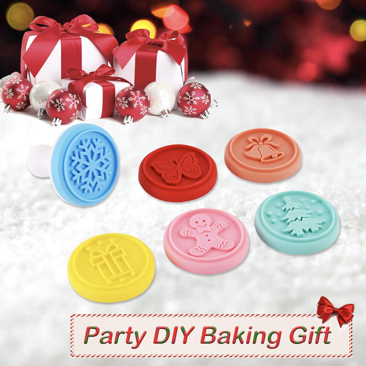 Cookie Stamp-a Set of 6 Colorful Silicone Cookie Stamp Press, Ring Cutter and Handle for Christmas and Daily Baking