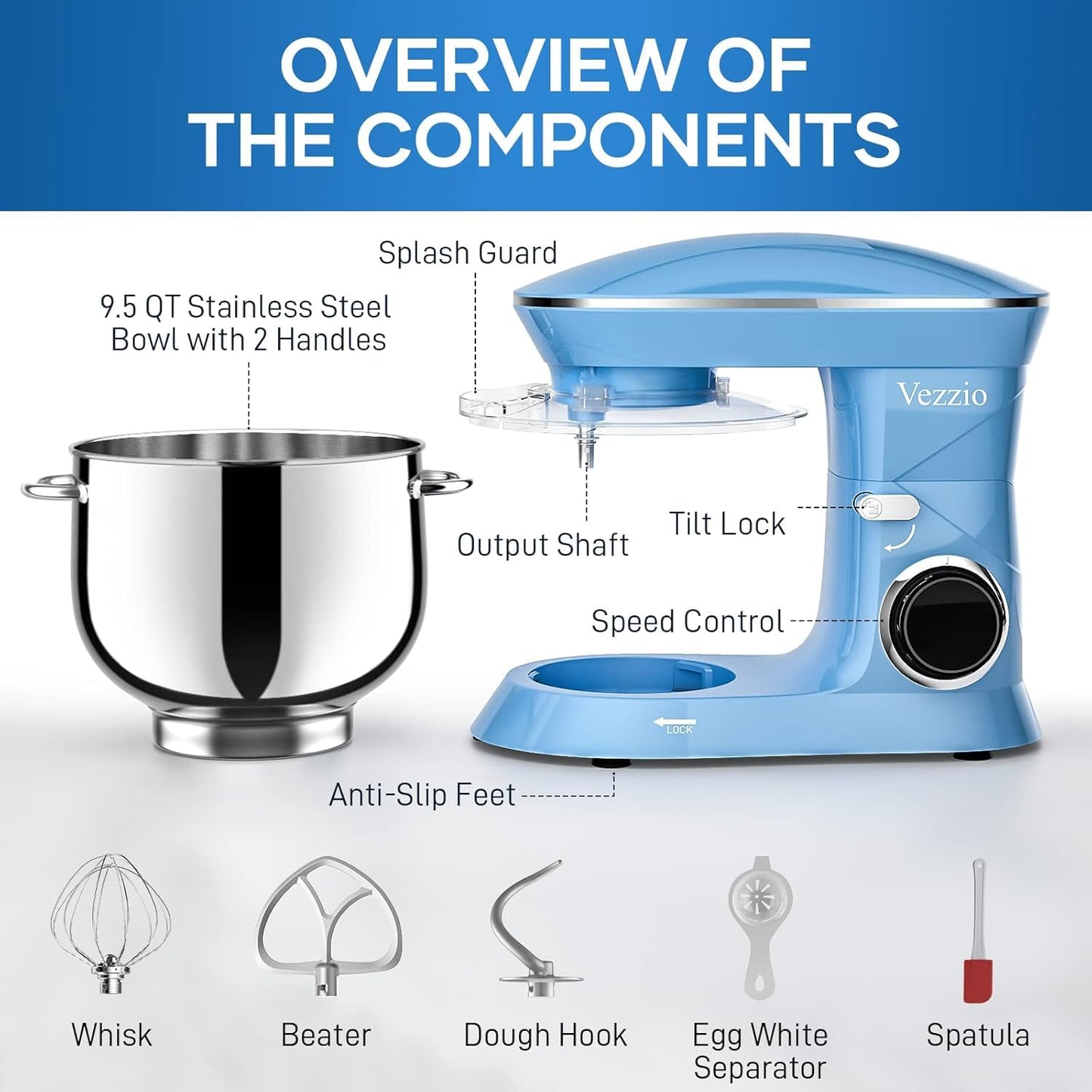 9.5 Qt Stand Mixer, 10-Speed Tilt-Head Food Mixer, Vezzio 660W Kitchen Electric Mixer with Stainless Steel Bowl, Dishwasher-Safe Attachments for Most Home Cooks(Blue)