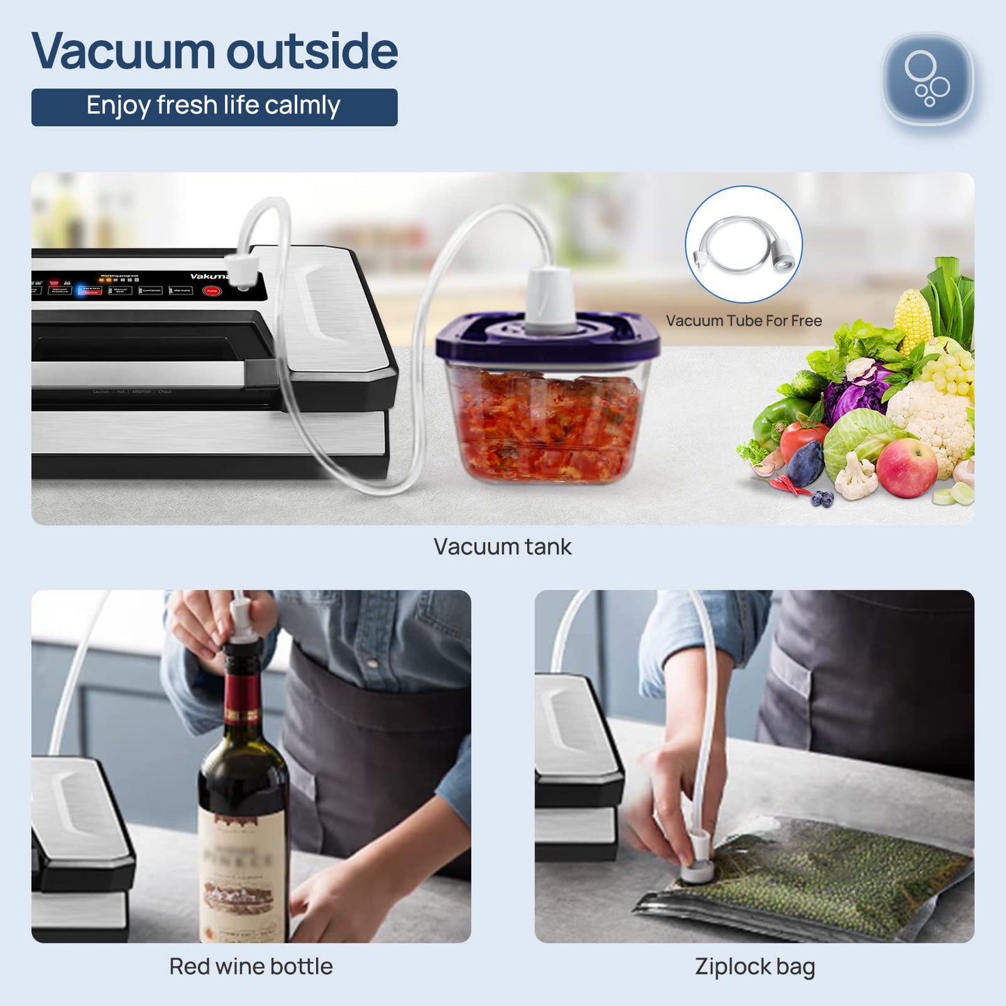 Vakumar Liquid Vacuum Sealer Machine, 90Kpa Vacuum Sealer Machine Preservation Dry/Moist/Liquid Modes, LED Indicator Light, Handle Locked Design, Built-in Cutter and Bag Storage, Removable Drip Tray