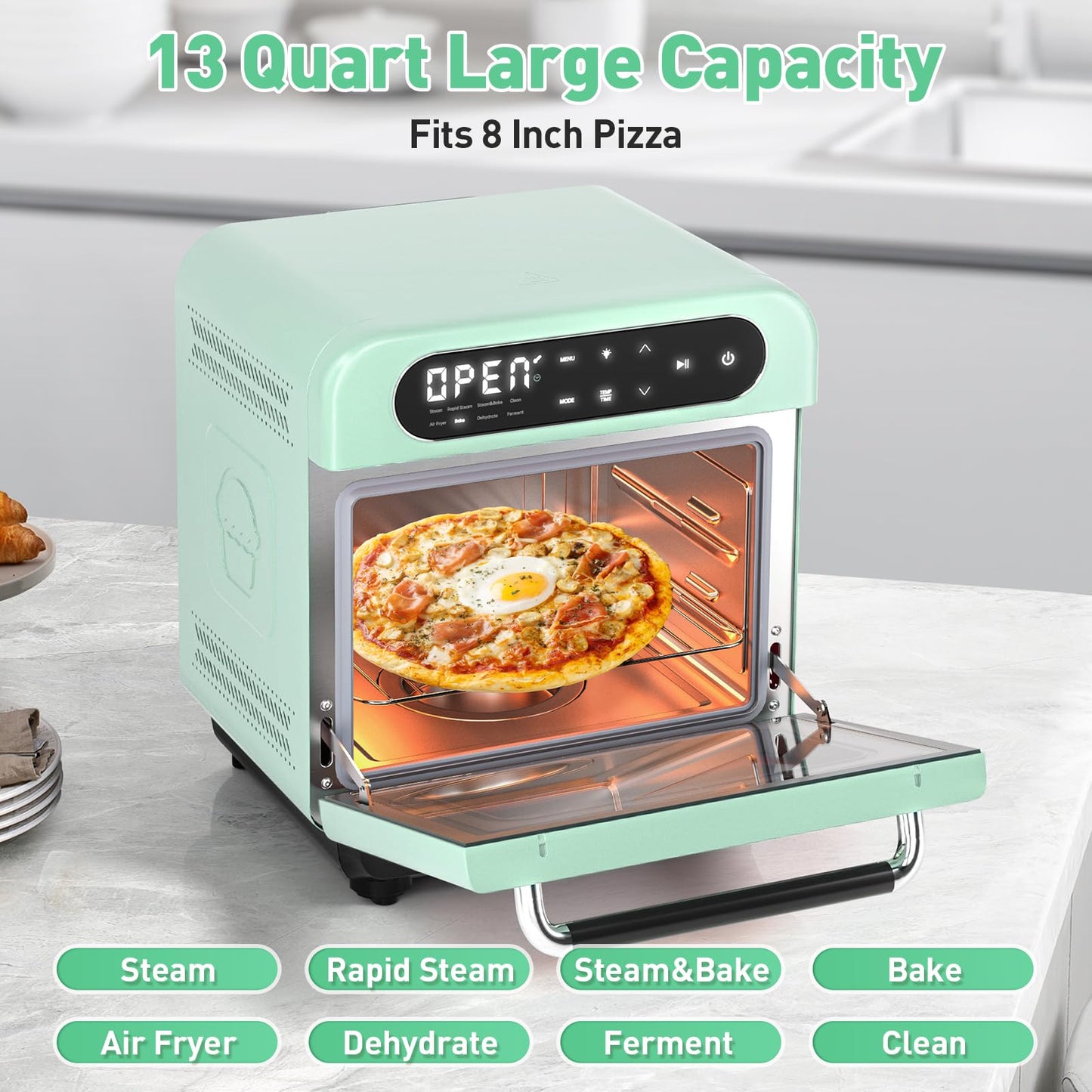 Secura Multifunction Air Fryer Steam Oven, 13 Quart Compact Oven with Convection Bake, Airfryer, Rapid Steam, Ferment, Dehydrator Combo, Nutritious & Delicious Food Steamer for Cooking (Mint Green)