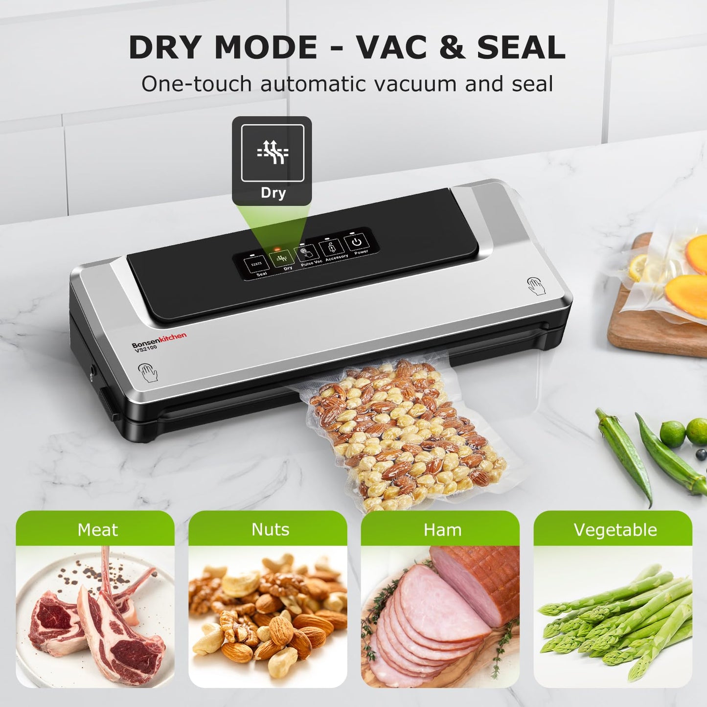 Bonsenkitchen Vacuum Sealer Machine, Fast-Compact Food Sealer, Multi-Functional Food Vacuum Sealer with 5 Vacuum Bags & Accessory Hose, Technology for High-Speed Continuous Working, Silver