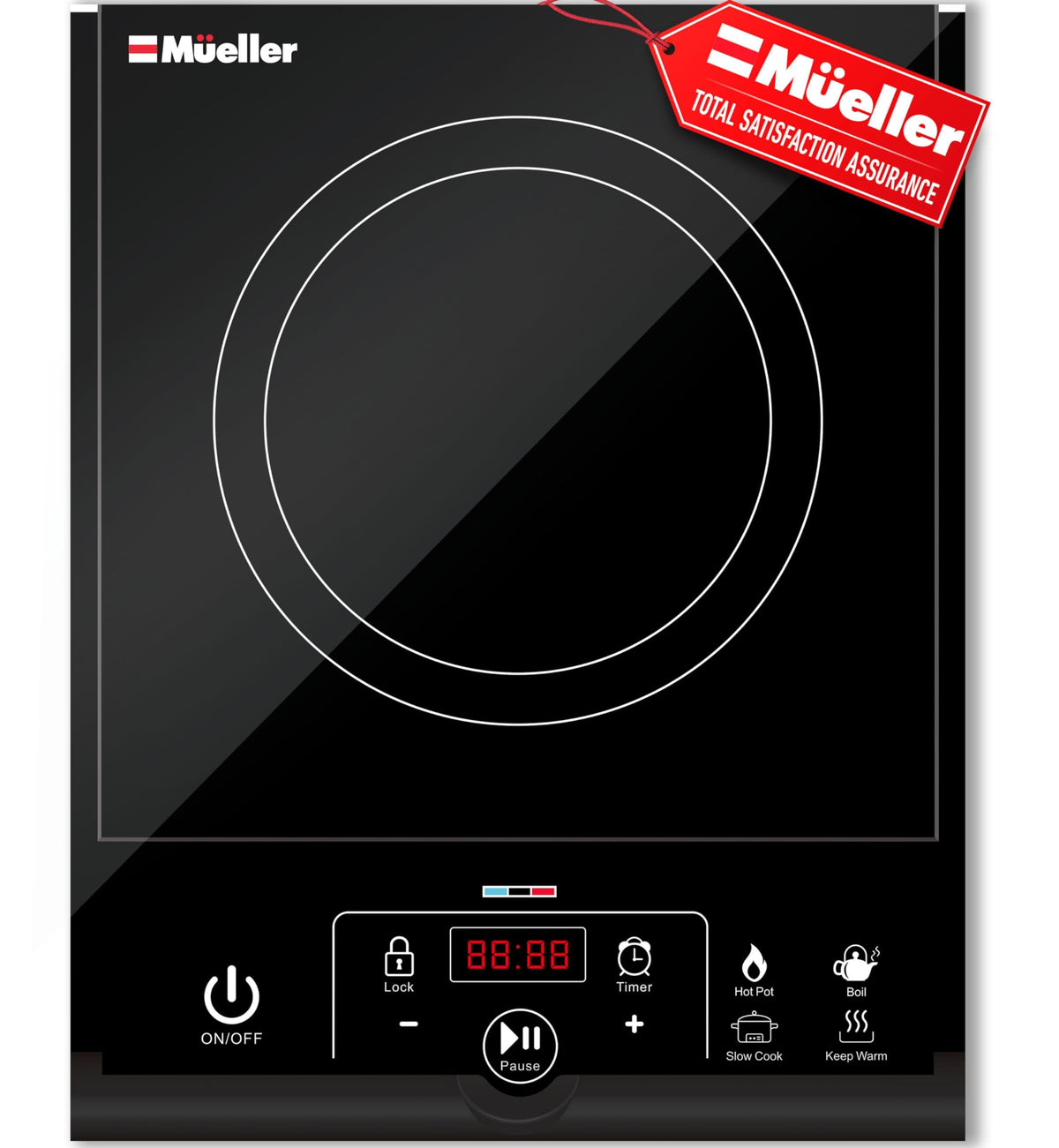 Kuchenka indukcyjna Mueller RapidTherm, przenośna płyta grzewcza, palnik elektryczny 1800 W, 8 poziomów temperatury do 460°F, automatyczne wyłączanie i wykrywanie garnka, wyświetlacz LED, blokada rodzicielska, 4 programy, palniki do gotowania