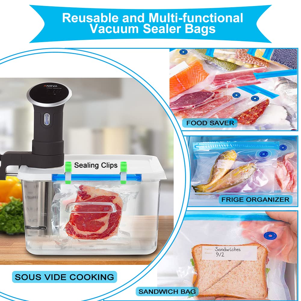 42 PCS Sous Vide Vacuum Sealer Set - 30 Reusable Bags, 5 Clips and Sealing Clips for Anova, Joule Cookers