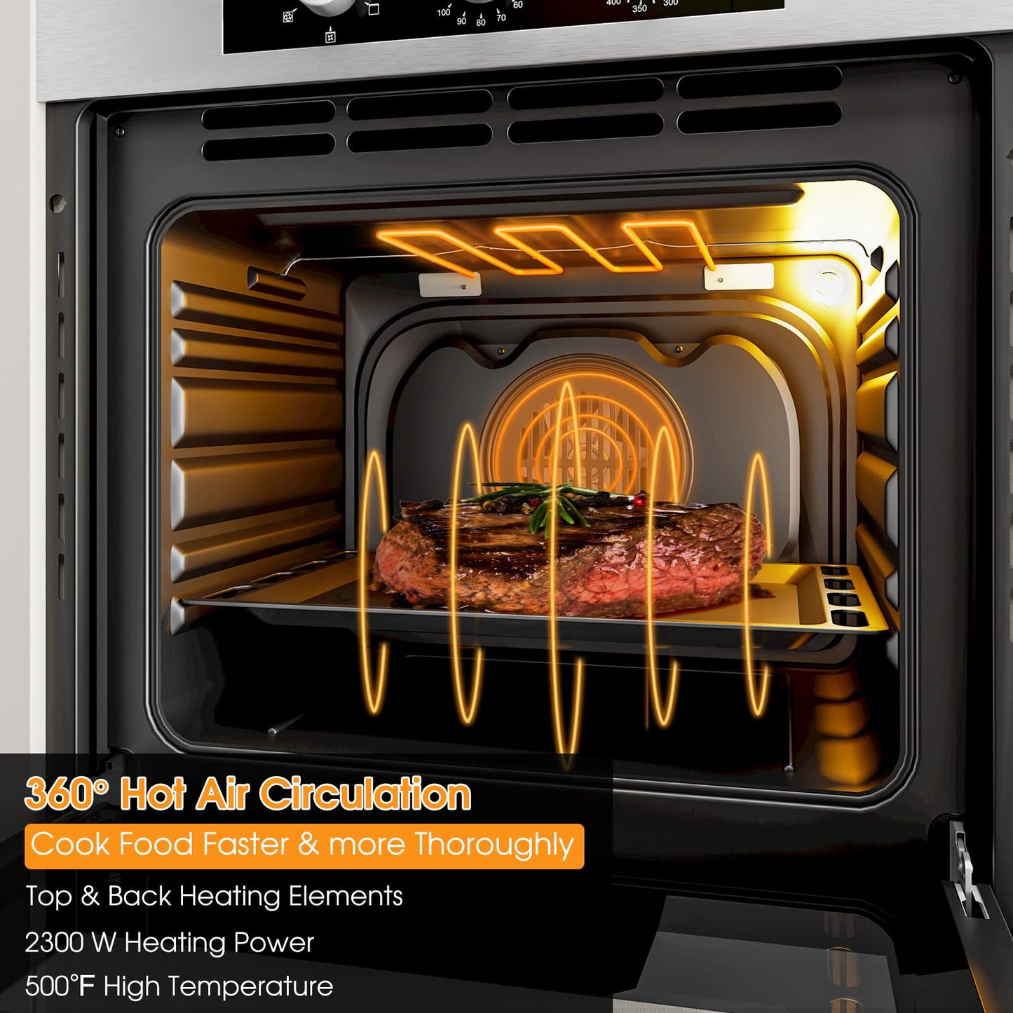 COSTWAY 24" Single Wall Oven, Electric Built-in Wall Oven with 2.47 Cu. Ft. Capacity, 5 Cooking Functions, 360° Rotisserie and Timer, 2300W Built-in Oven in Stainless Steel with Mechanical Knobs