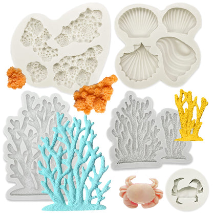 3 PCS Marine Theme Cake Fondant Silicone Mold Seashell Conch Starfish Coral Baking Molds for DIY Cake Decoration Chocolate Candy Polymer Clay Crafting Projects