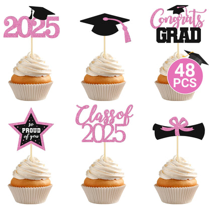 48 PCS Graduation Cupcake Toppers 2025, 6 Style Black and Gold Graduation Cake Toppers, Glitter Design Class of 2025 Toppers Grad Cupcake Picks, Disposable 2025 Graduation Decorations