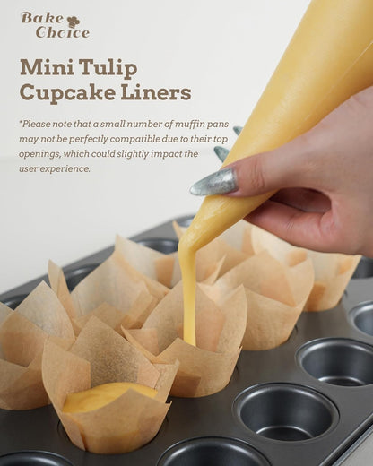 200pcs Natural Mini Tulip Cupcake Liners for Baking Cups, Unbleached, Greaseproof EU Parchment paper, Mini Tulip Muffin Liners for Party, Christmas, Valentines