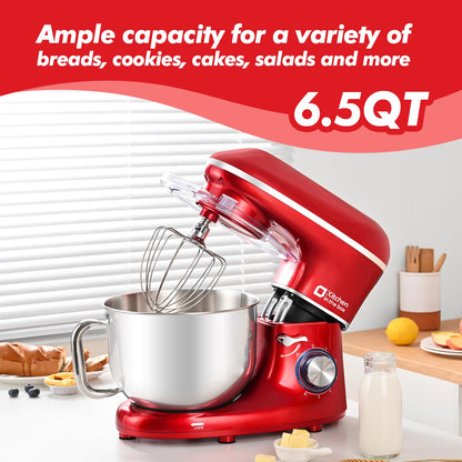 Kitchen in the box Stand Mixer, 6.5QT 660W Kitchen Electric Mixer, 6-Speed Tilt-Head Food Mixer with Dough Hook, Wire Whip, Beater, Dishwasher Safe (Red)