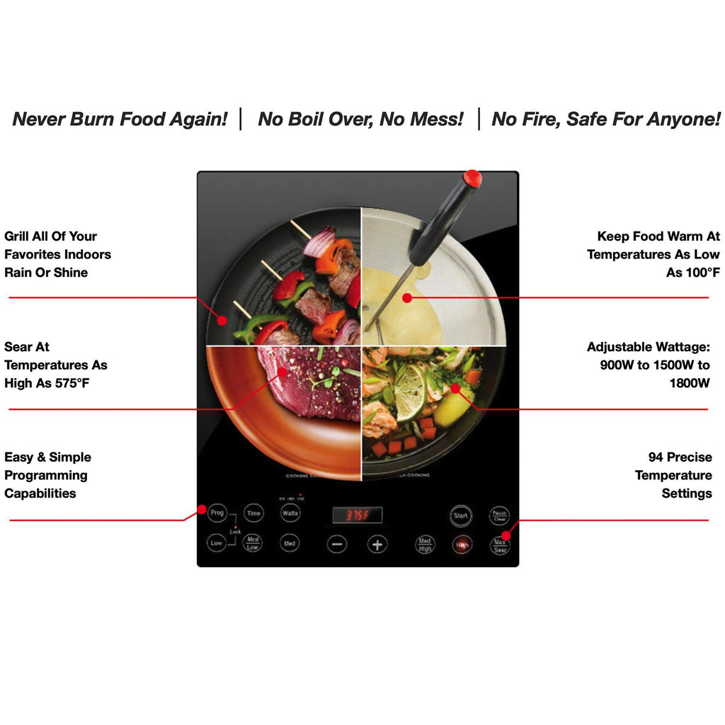 Індукційна плита Nuwave Pro Chef, сертифікована NSF, комерційного класу, портативна, потужна 1800 Вт, велика нагрівальна спіраль 8 дюймів, 94 температурні режими 100°F - 575°F з кроком 5°F, ударостійка склокерамічна поверхня